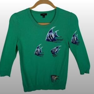 Talbots Kelly Green Angelfish 3/4 Sleeve Tight Knit Pullover Sweater Size SP